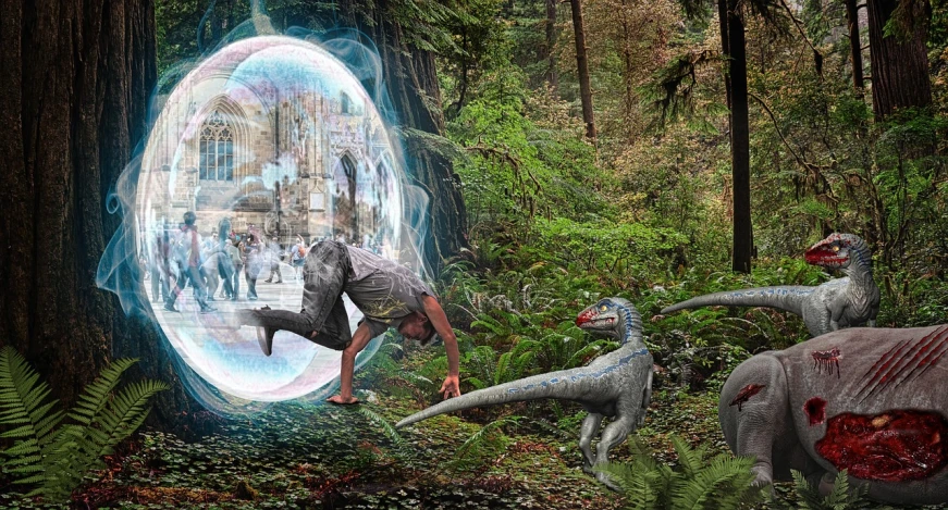 the dinosaurs are in the forest with the person inside the giant round