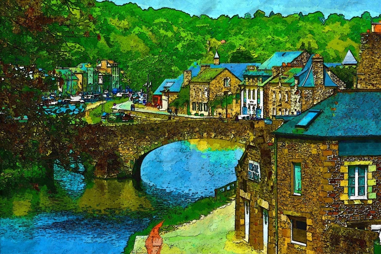 a painting of houses and bridge near the water