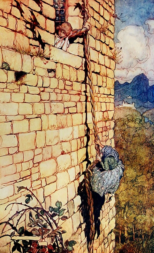 two children climbing up the side of a brick wall