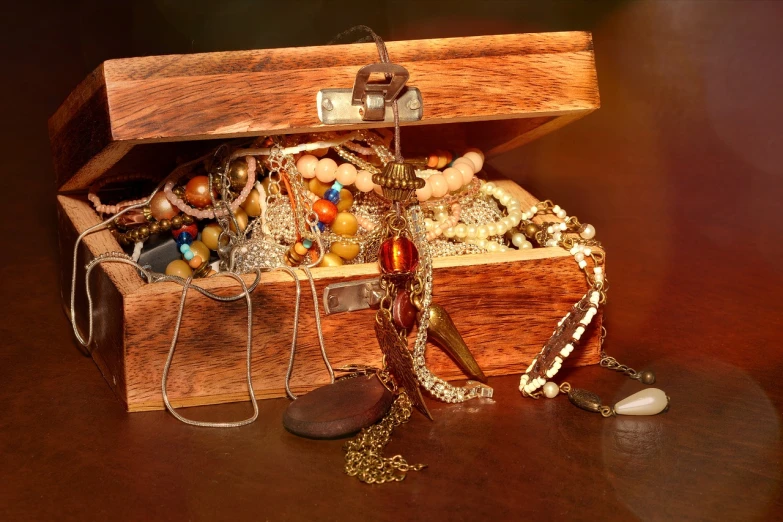 wooden chest containing gold and multi - colored jewelry