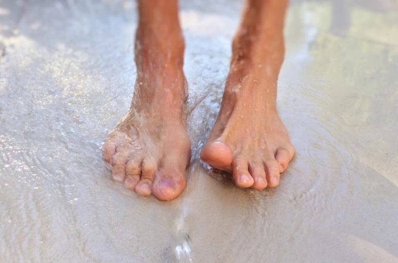 a close up of a person's bare feet in the water