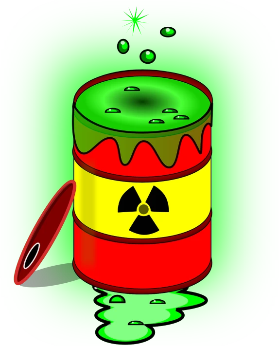 the image shows a waste can with a radiation symbol on it