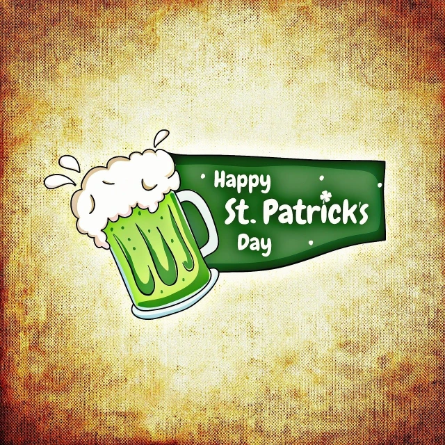 green beer with white foam and irish sign on grungy background