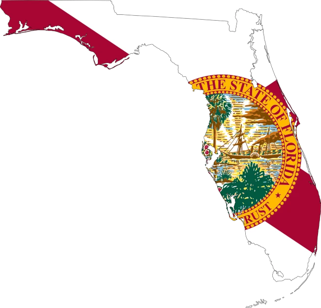 the florida flag and seal on a map