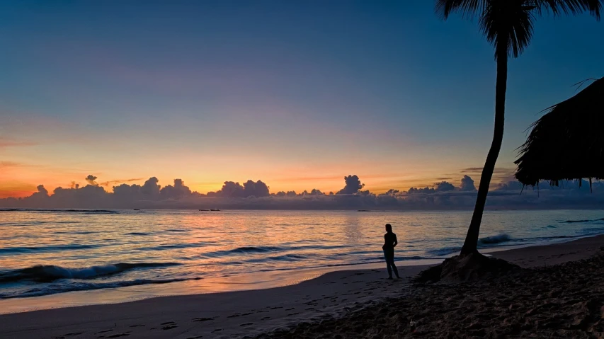 a person stands on the sand as the sun sets