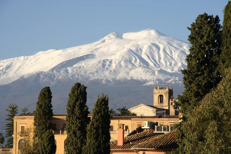 the snowy mountain in the distance above a building and trees