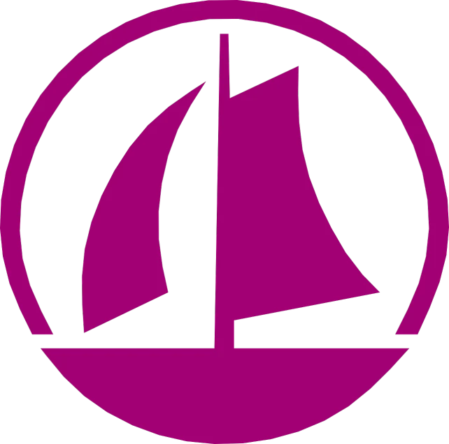 a black and white logo with a boat inside