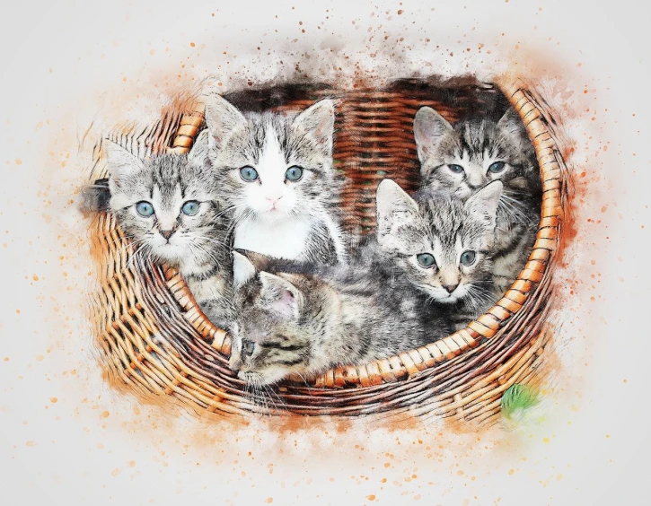 two kittens are sitting inside a basket, with the other one staring at them