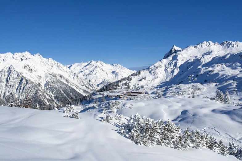 snow covered mountains and trees are shown from the ground