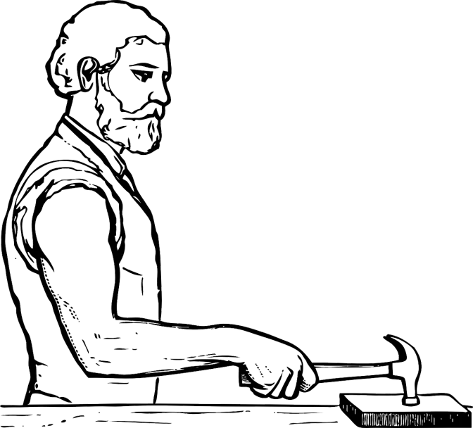 black and white outline sketch of a person sitting at a table with two laptops on it