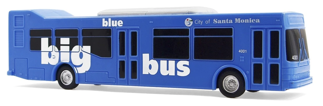 a model blue bus with words that say big big bus