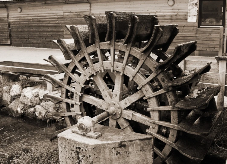 an old water wheel stands next to sheep