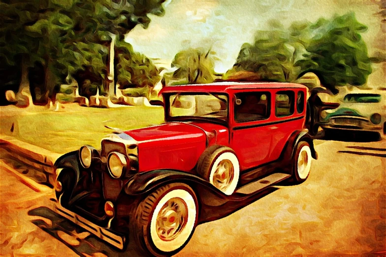 a painting of an old red car on the road