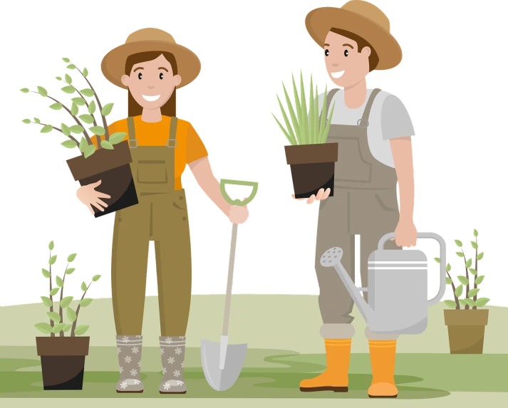 a man and woman are smiling while holding pots