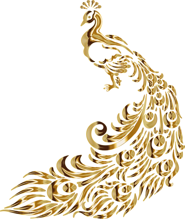 a stylized golden peacock, with a red center