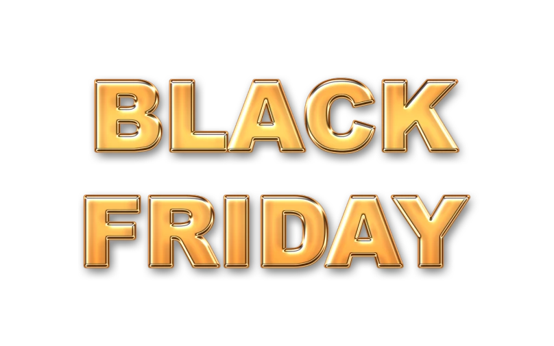 black friday on black background with gold lettering