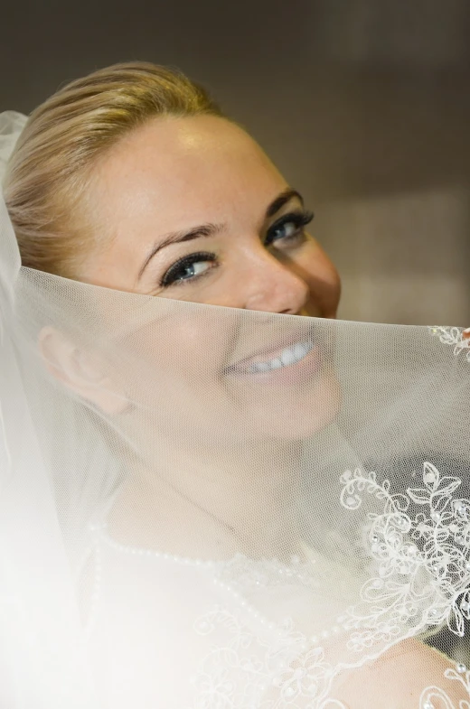 a woman that is wearing a veil and smiling