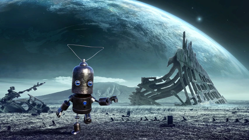 a robot is walking near a giant, blue piece of junk