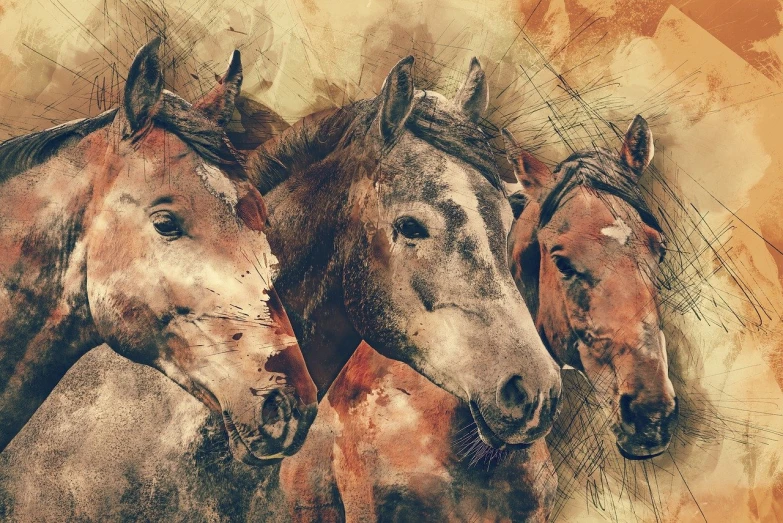 three horses are depicted in a artistic painting