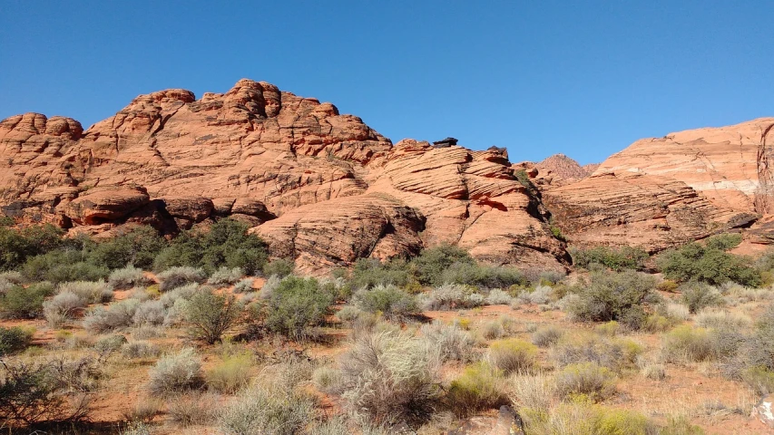 large red rocks sitting in the desert with green trees in the foreground