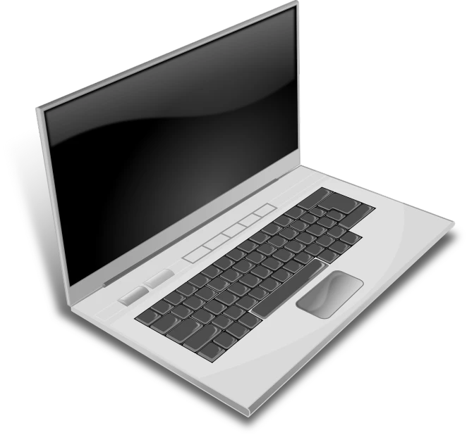 a white laptop with a black screen and a mouse