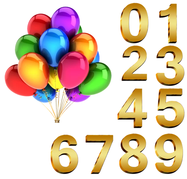 the number 75 and balloons, from one to seven