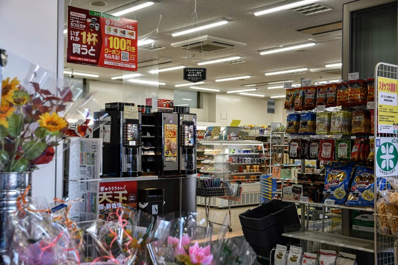 the store has various flowers and fruit in it