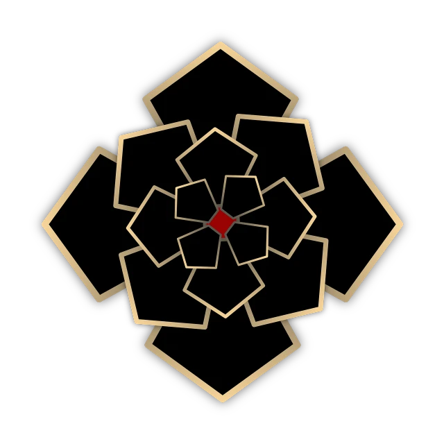 an artistic abstract black and gold pattern with a red center