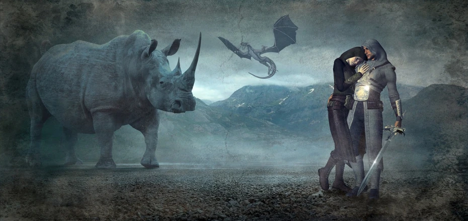 man with wings next to rhinoceros on earth