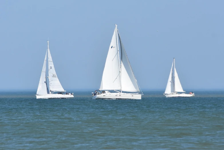 three white sailboats on the open water