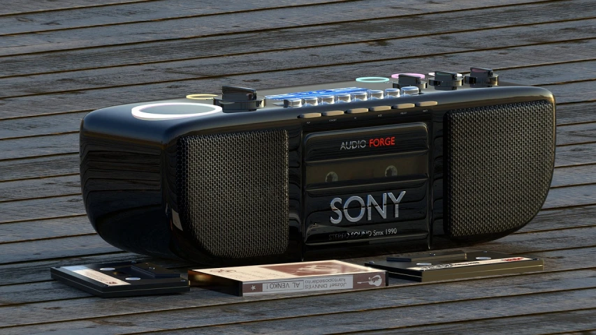 an sony radio is laying on top of some books