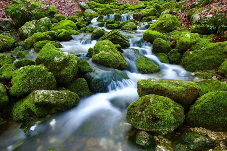 the water runs over the rocks covered in moss