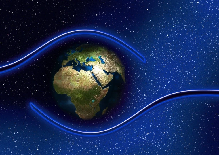 a blue earth with a curved arrow in the center
