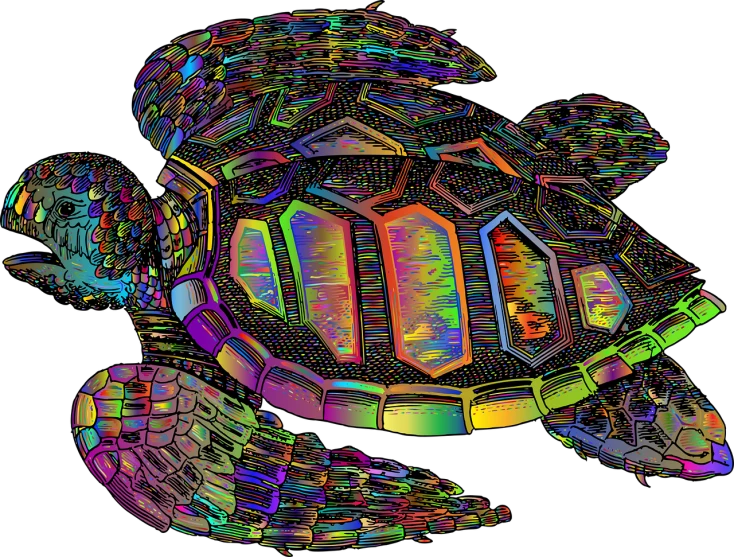 a colorful turtle drawing on a black background