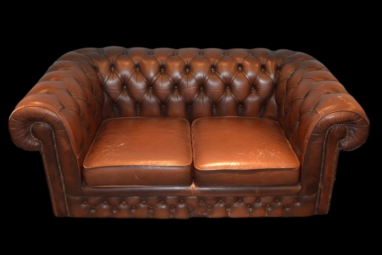 two brown leather chairs are sitting side by side