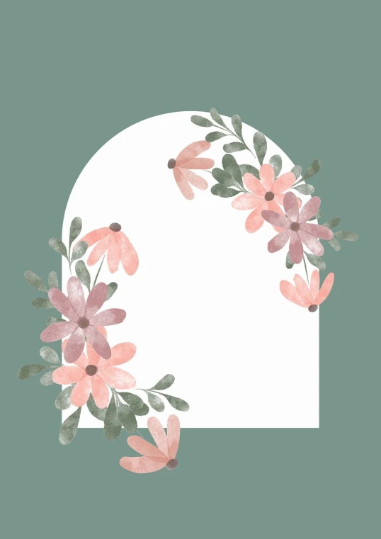a white and pink flowered background on top of a blue circle