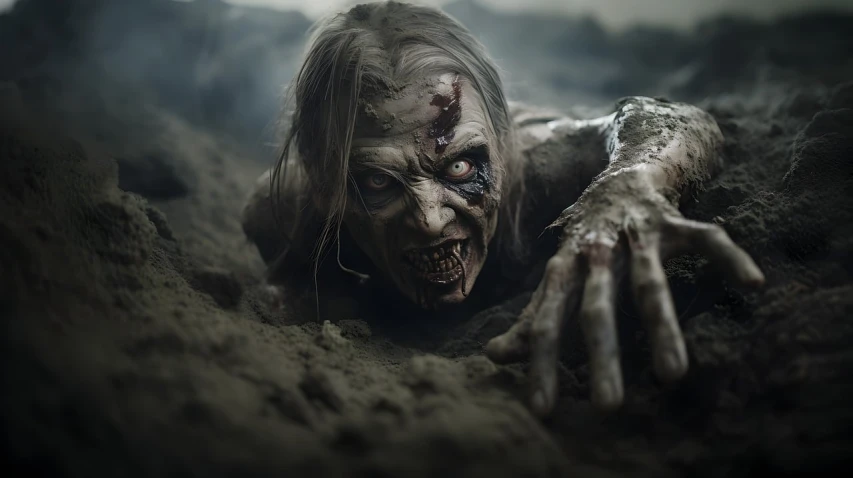 a zombie looking face is partially covered in dirt