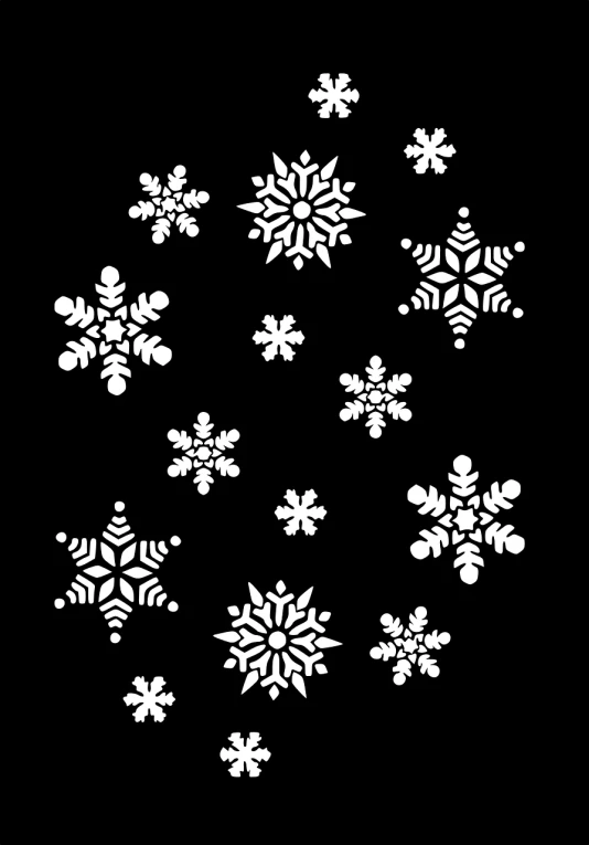 several white snowflakes spread on a black background