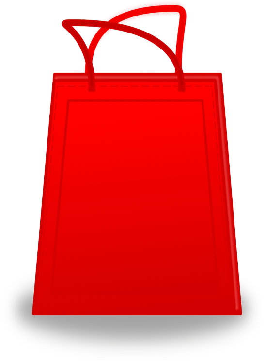 the red shopping bag is standing upright with its handles raised
