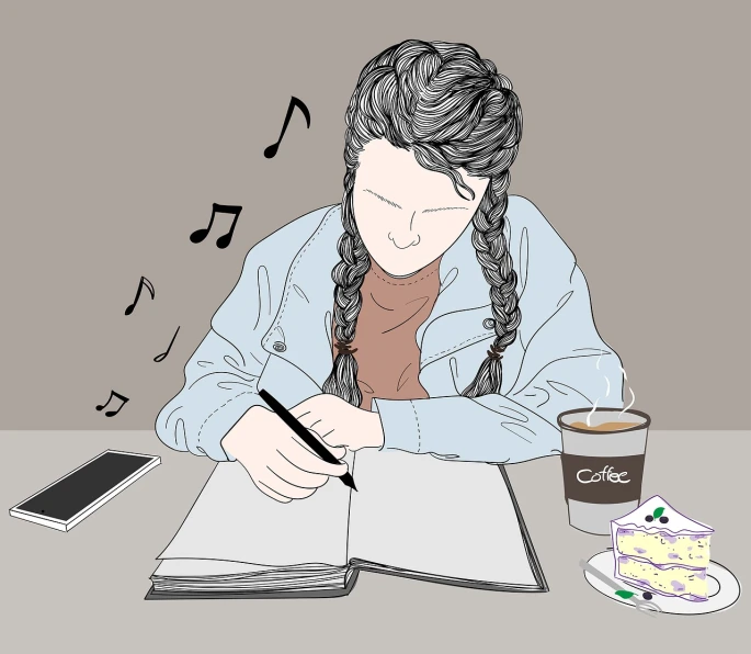 a drawing of a girl sitting at a table and writing on a paper