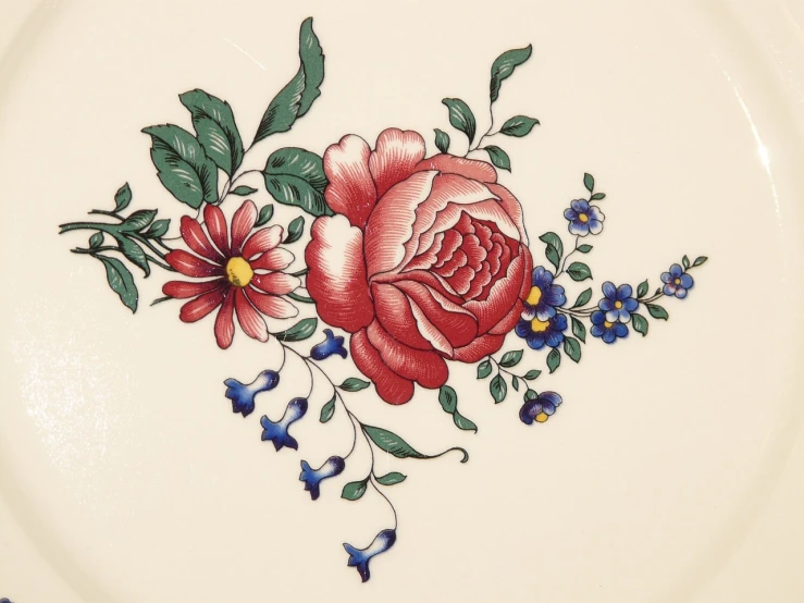 a plate with flowers painted on it and blueberries