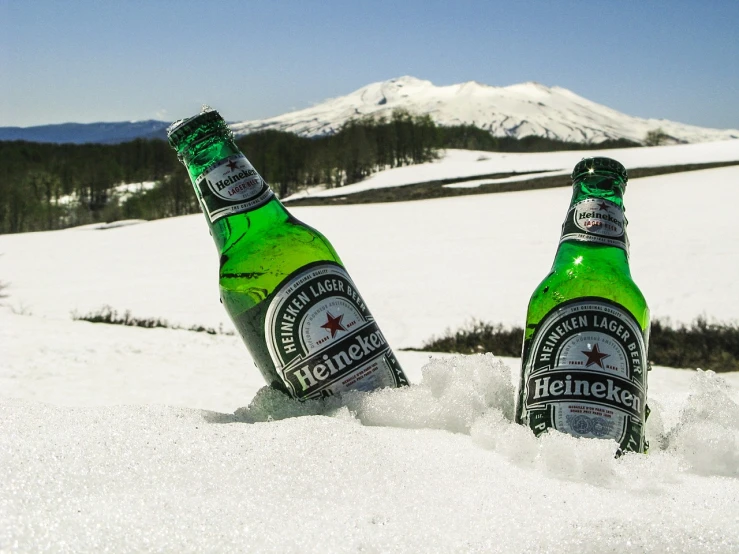 two beer bottles in the snow by mountains