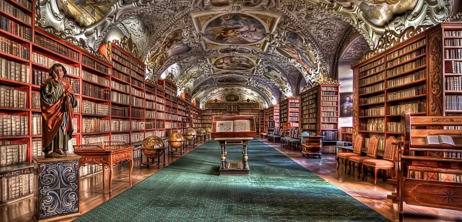 the old liry has many books lined up and long ceilings