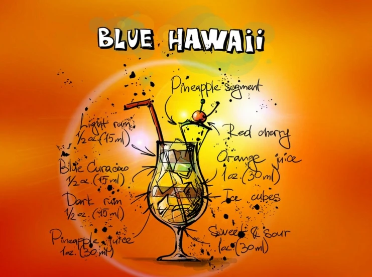 a blue hawaii drink is on display with information written in the glass