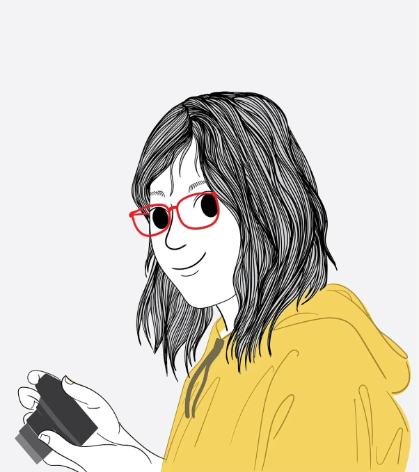 an animation style of a woman with red glasses and a remote