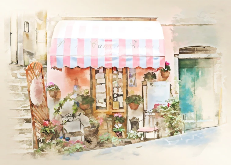 an artistic painting shows a colorfully dressed shopfront