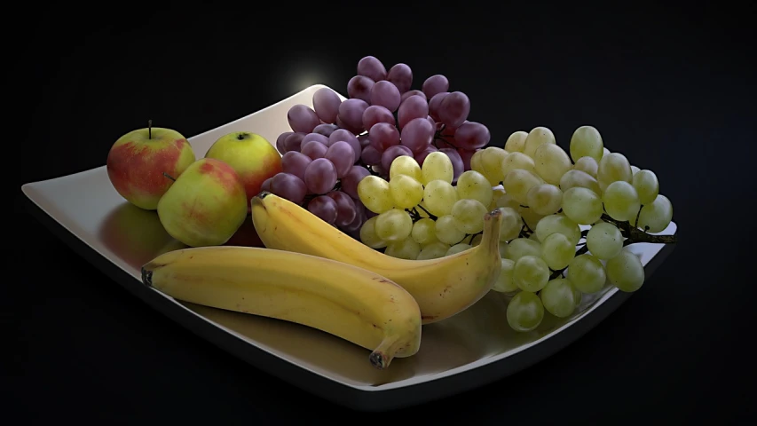 a plate has bananas, apples, gs and oranges on it