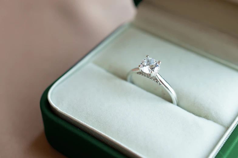 an engagement ring sits in a green box