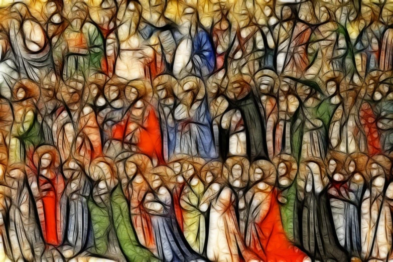 a painting of many people standing together