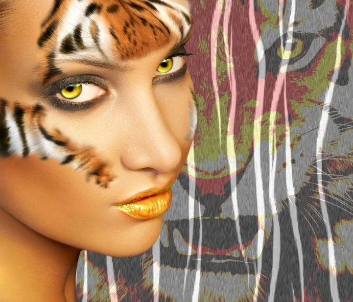 woman with face painted with tiger pattern with her eyes covered